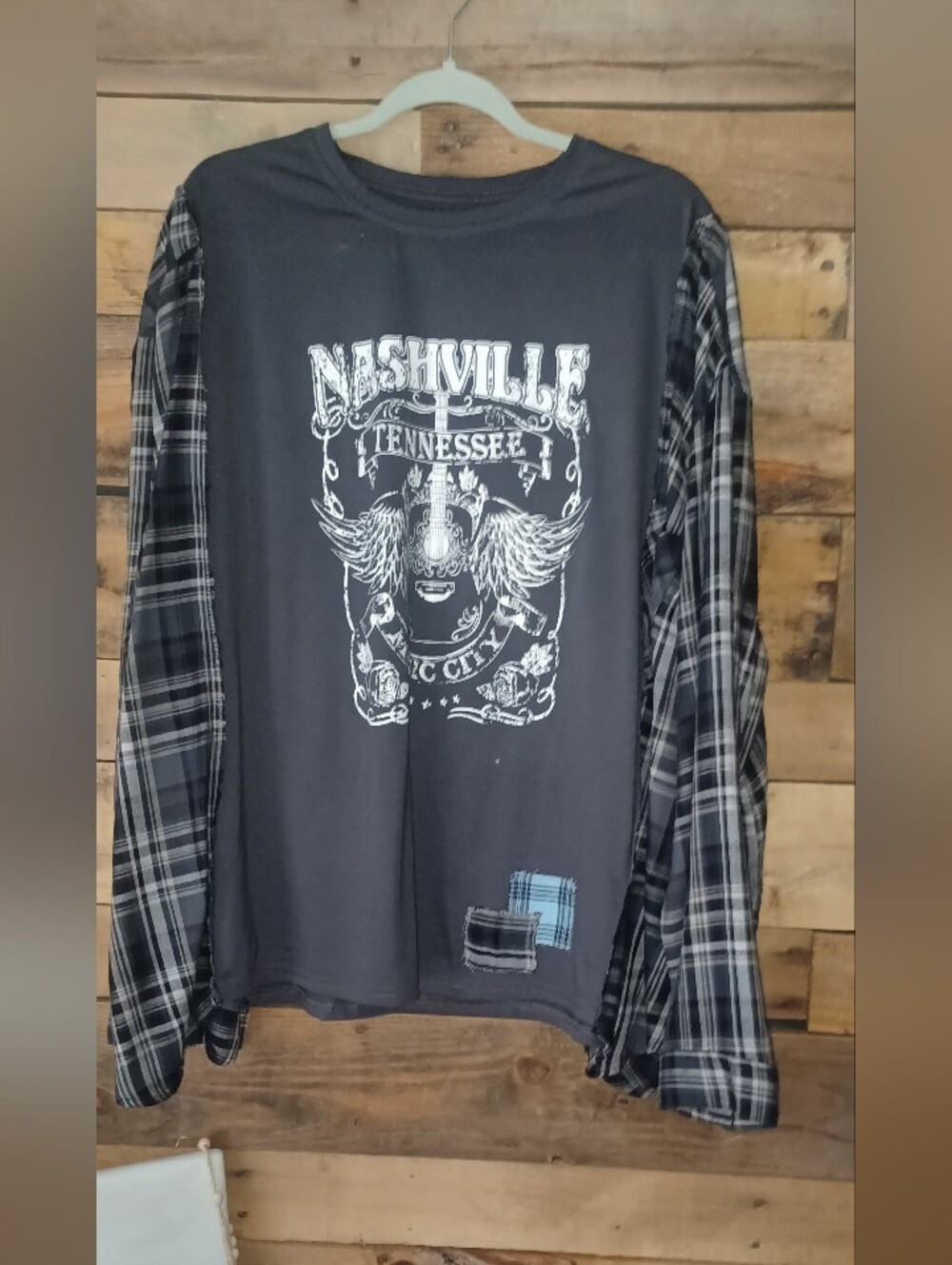 Upcycled Nashville Graphic Plaid-Sleeve .